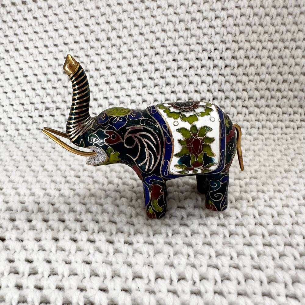 Vintage Cloisonne Elephant Trunk Up Lucky Metal Animal Figurine Statuette 4"